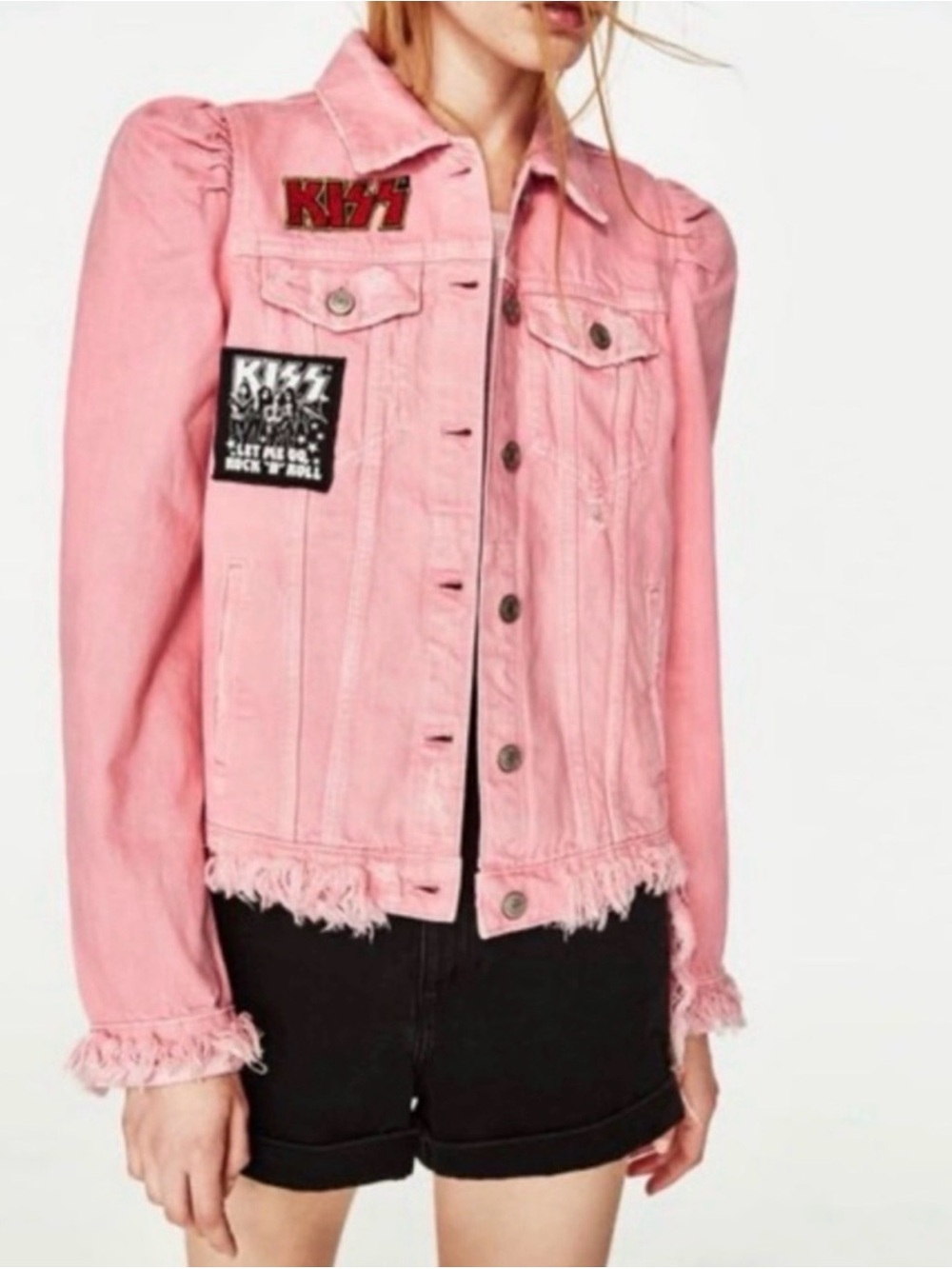 ✨ Zara x KISS Pink Distressed Denim Jacket Puff Sleeve Medium ✨